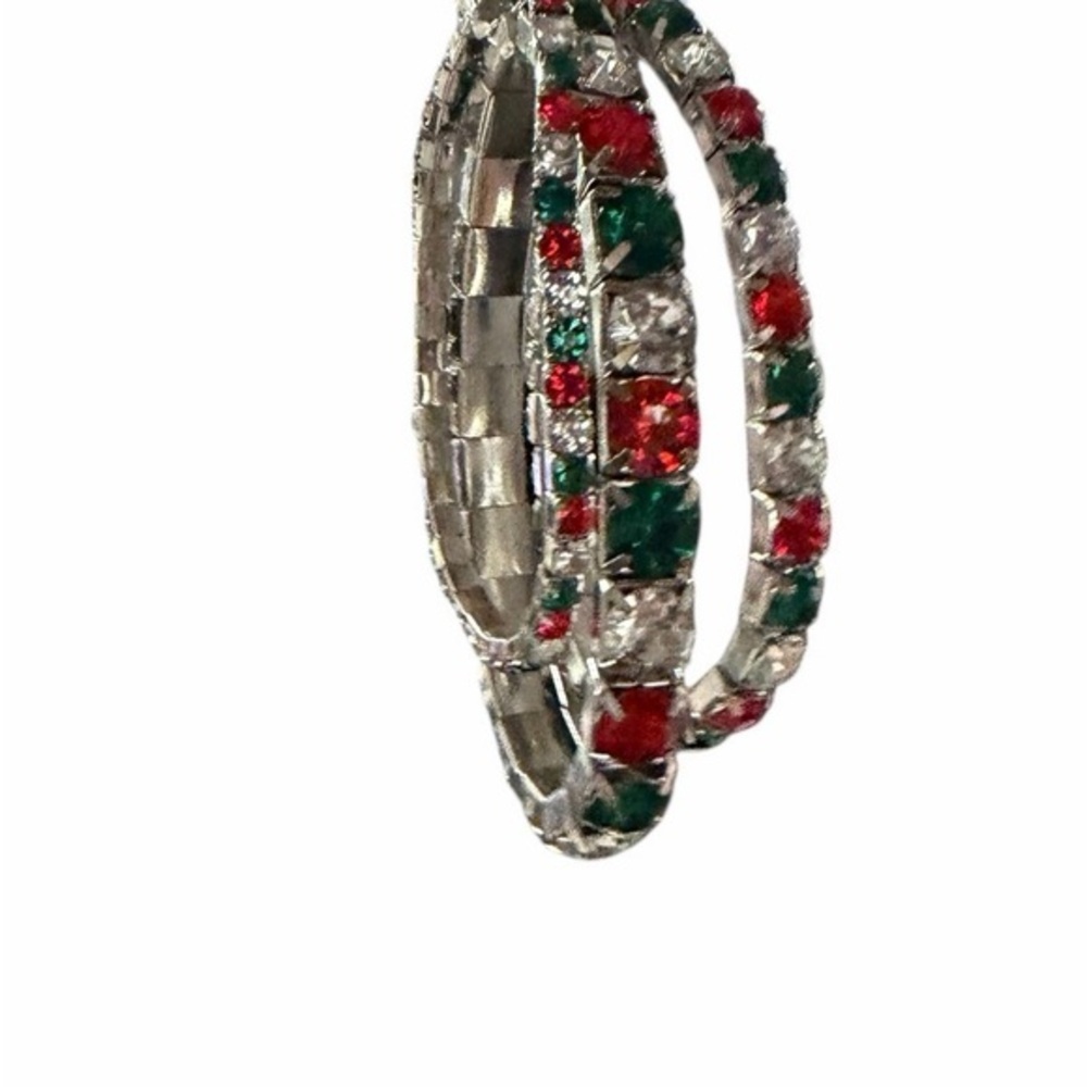 Set of 3 silver-tone stretch bracelets with clear, red, and green rhinestones